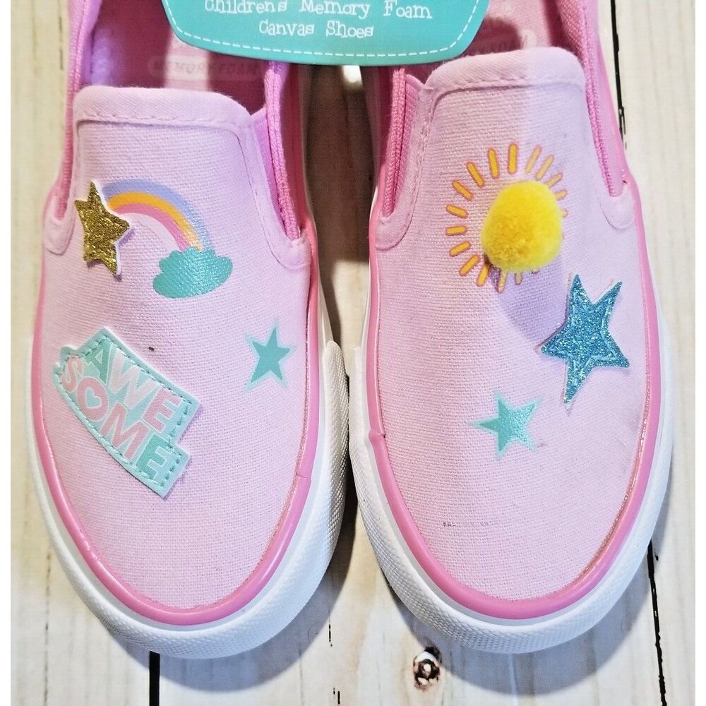 Girl's Sneakers Pink Memory Foam Slip-On Awesome Lettering Pom-Pom Size 11/12